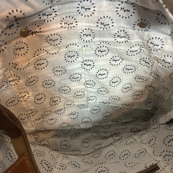 Myra Bag Brick Brown Leather Red Tan Embroidered Cotton Canvas Tote - Picture 9 of 11